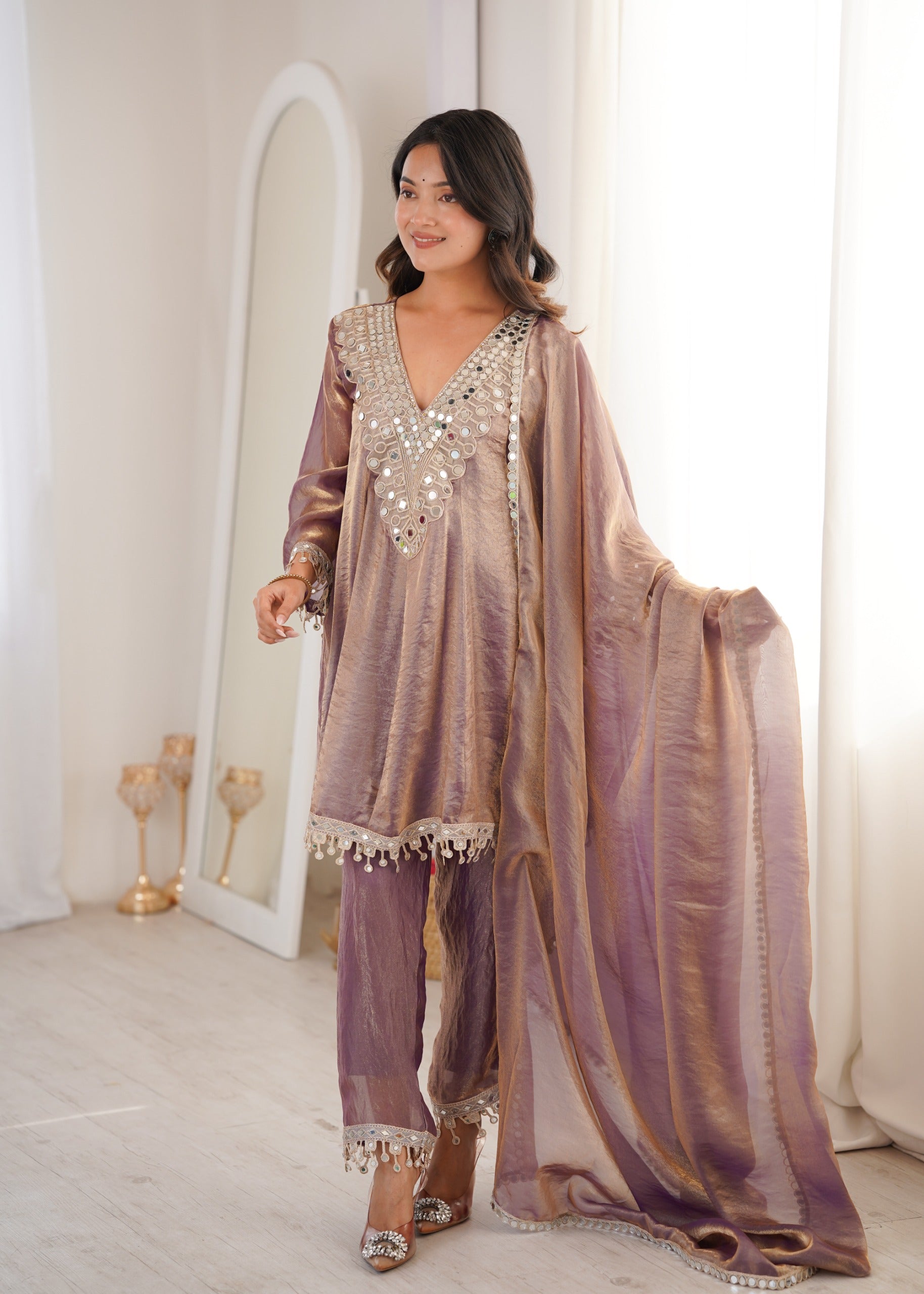 Zarmina Rose gold flared Suit