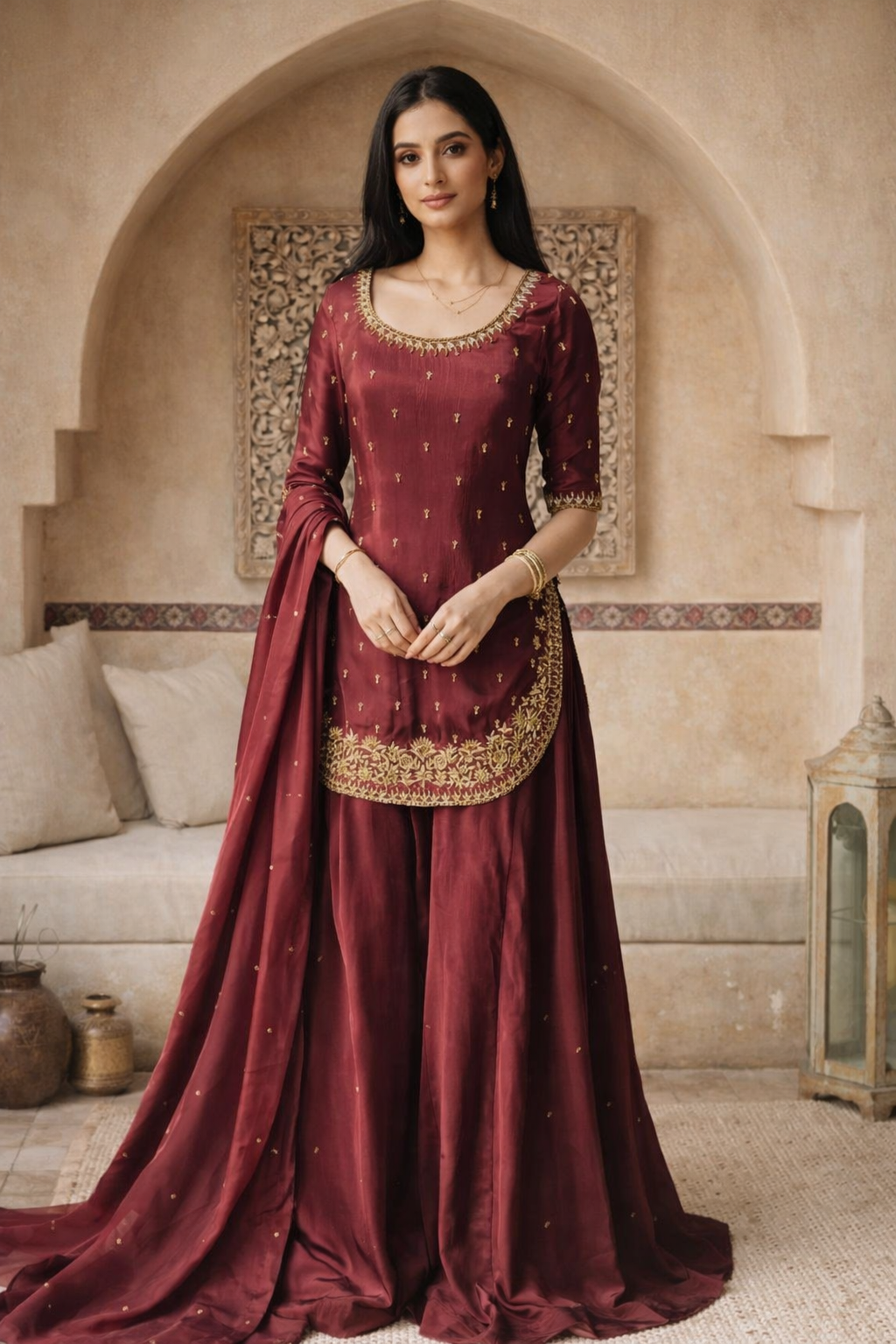 Firoz Maroon zari Sharara Suit
