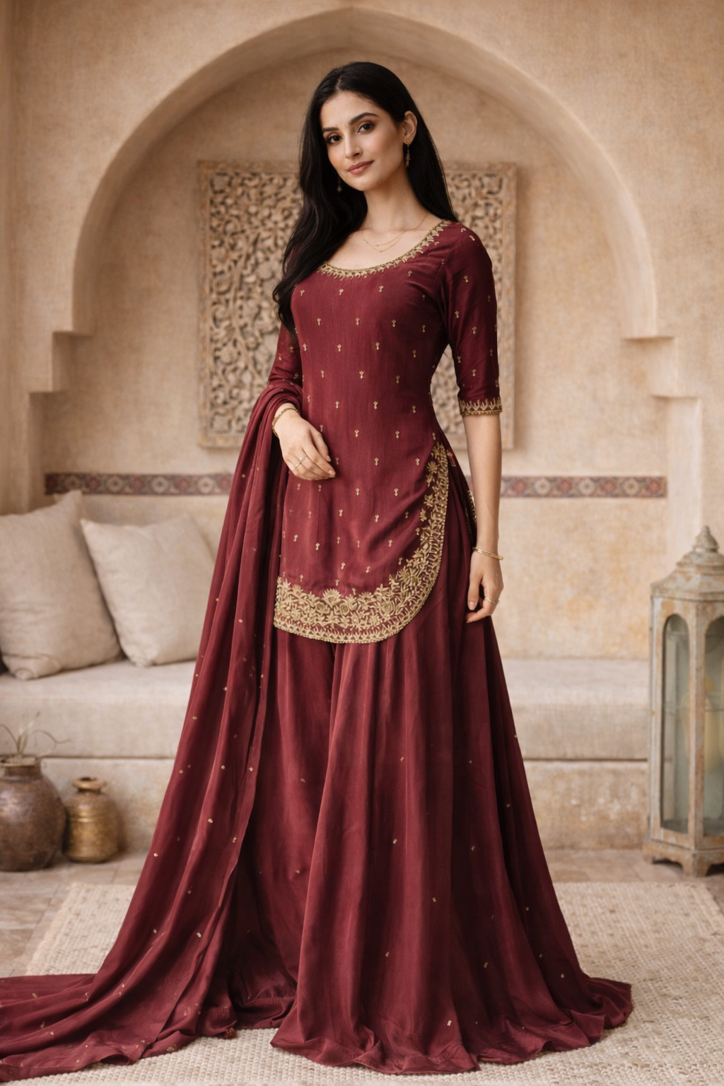 Firoz Maroon zari Sharara Suit
