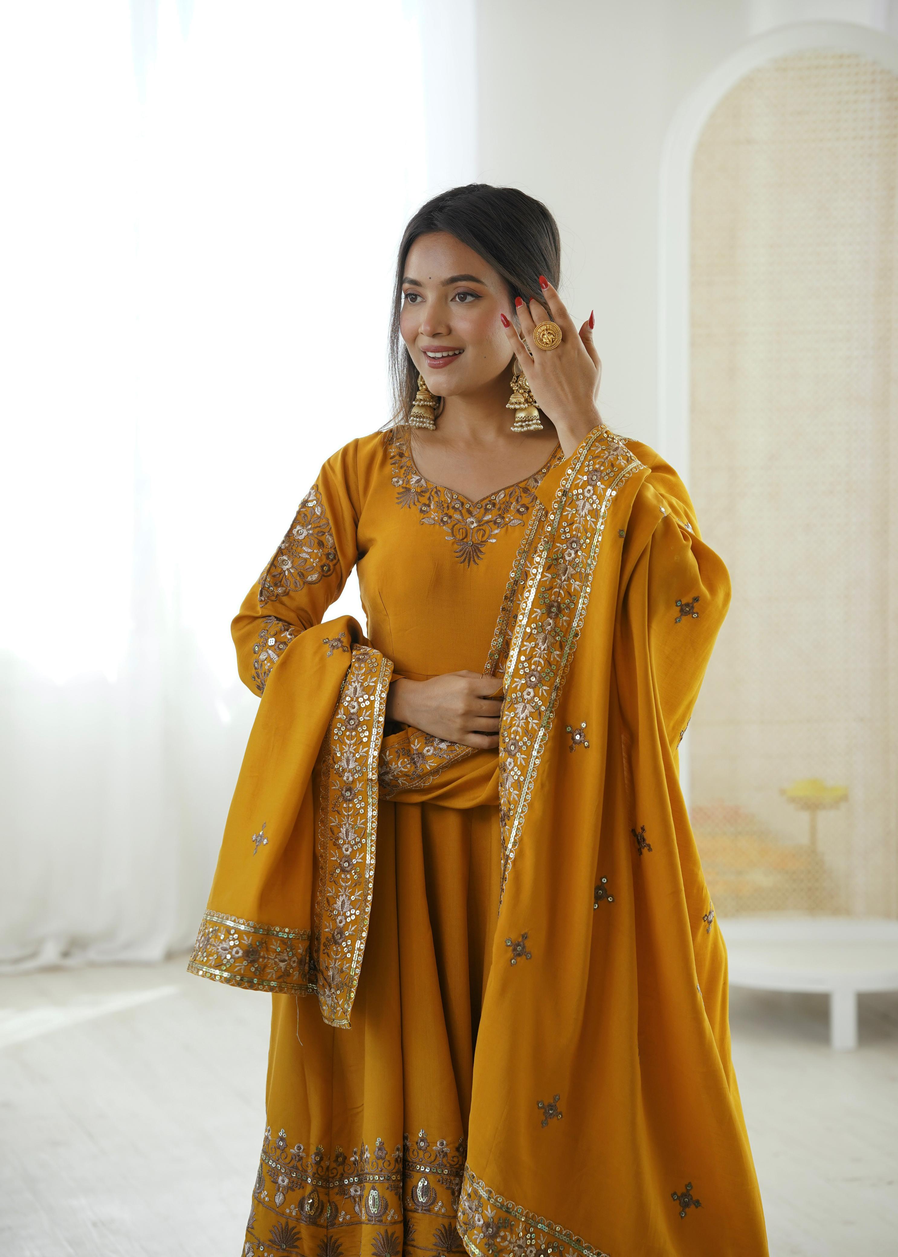 Farhaana Mustard Embroidered Anarkali
