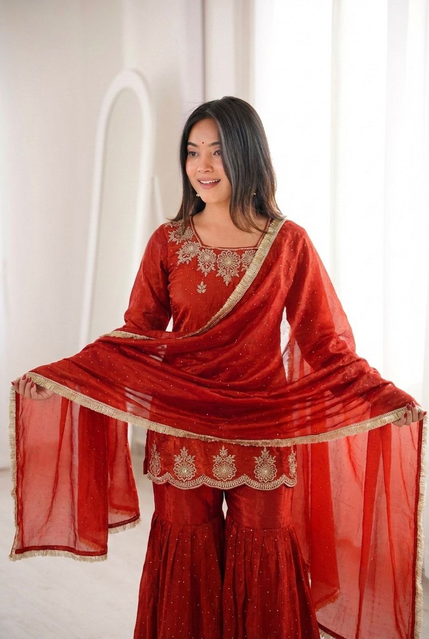 Aabroo Red Festive Gharara Suit