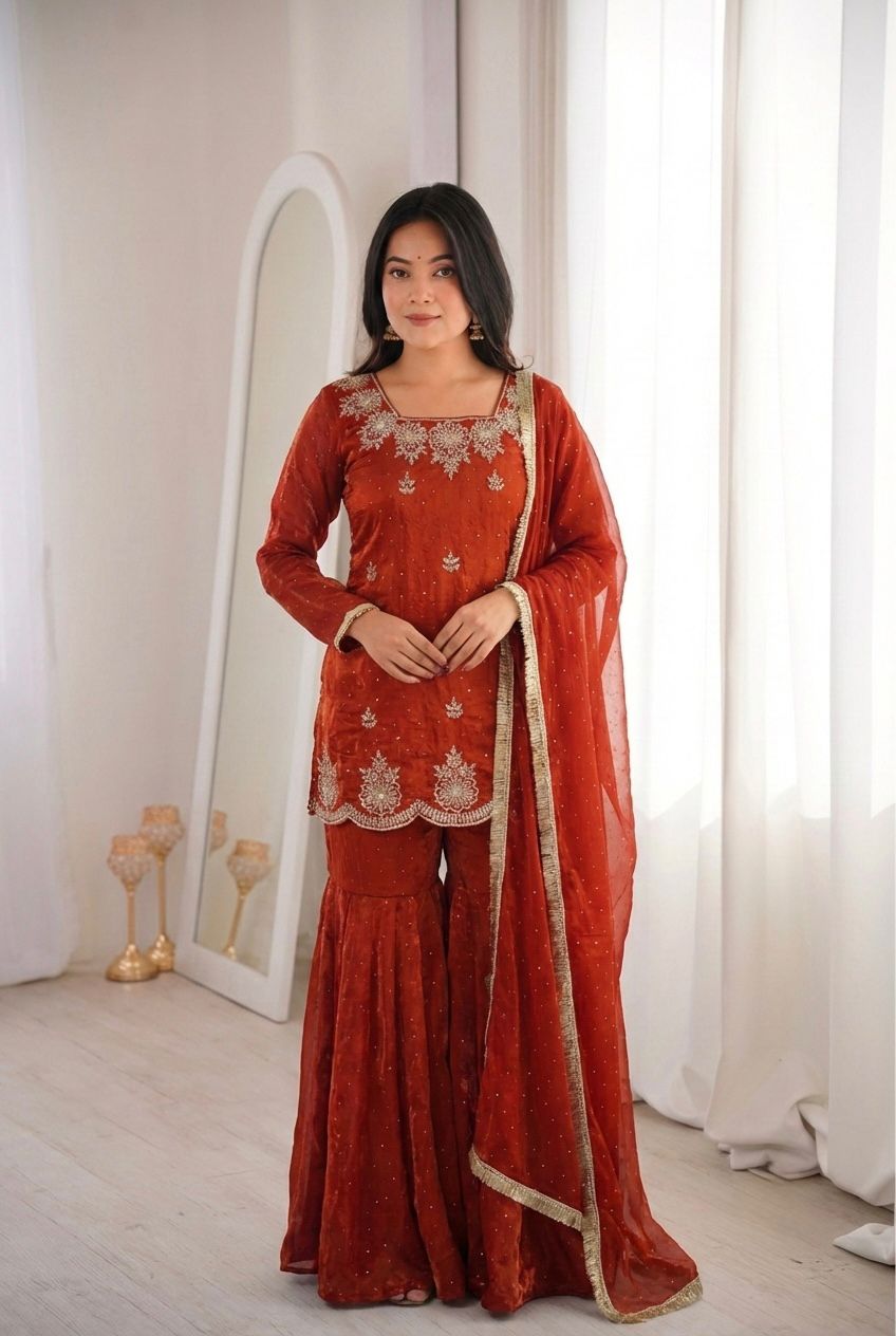Aabroo Red Festive Gharara Suit