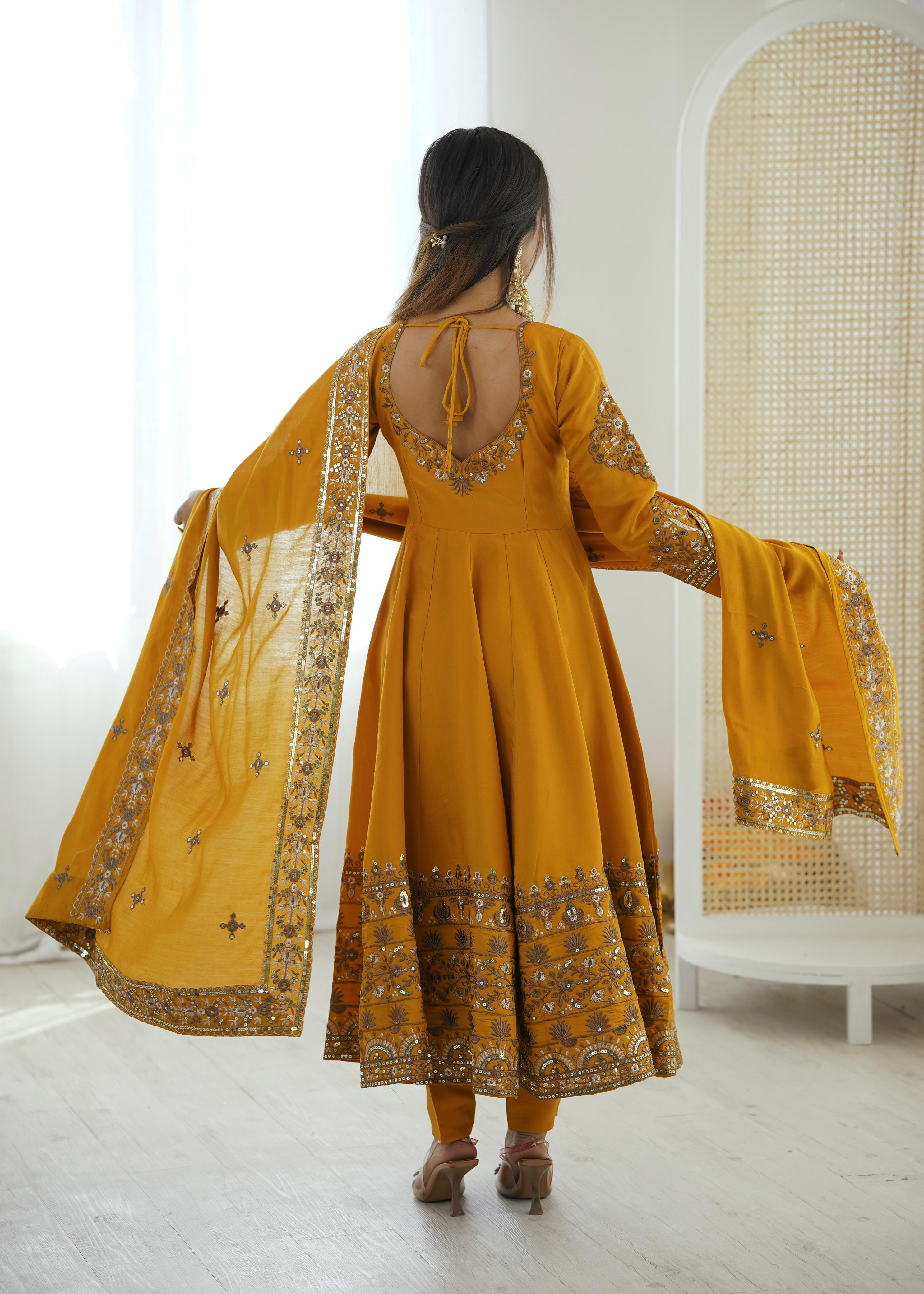 Farhaana Mustard Embroidered Anarkali