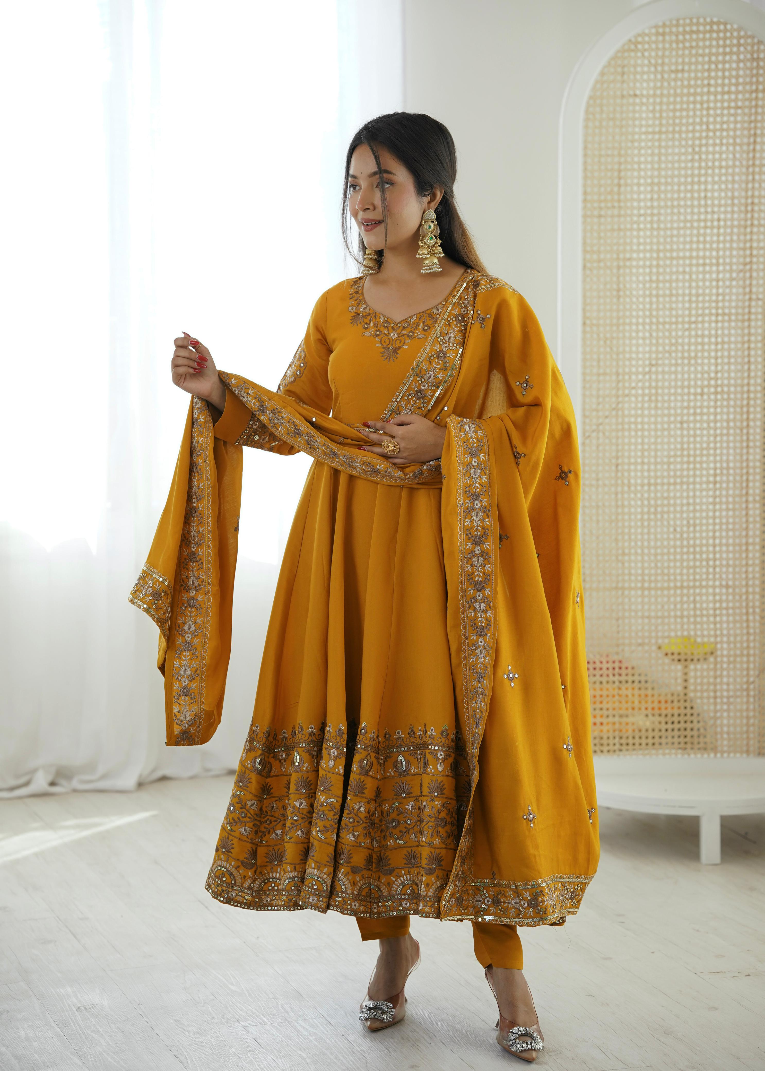 Farhaana Mustard Embroidered Anarkali