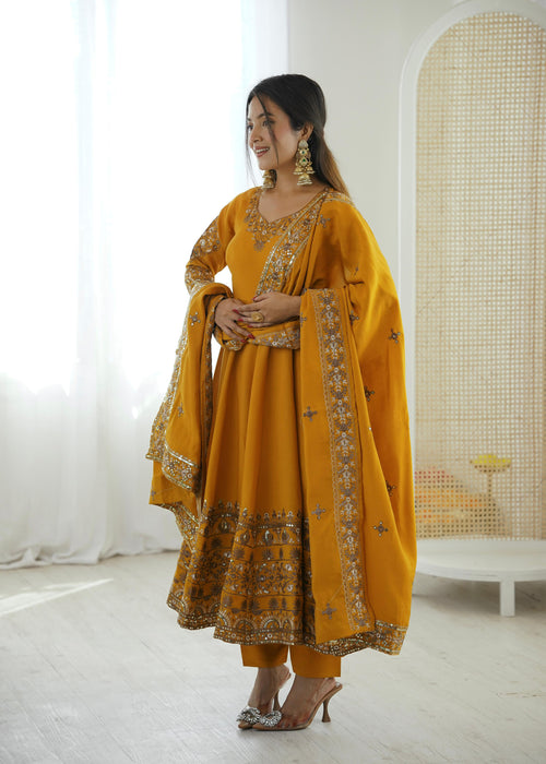 Farhaana Mustard Embroidered Anarkali