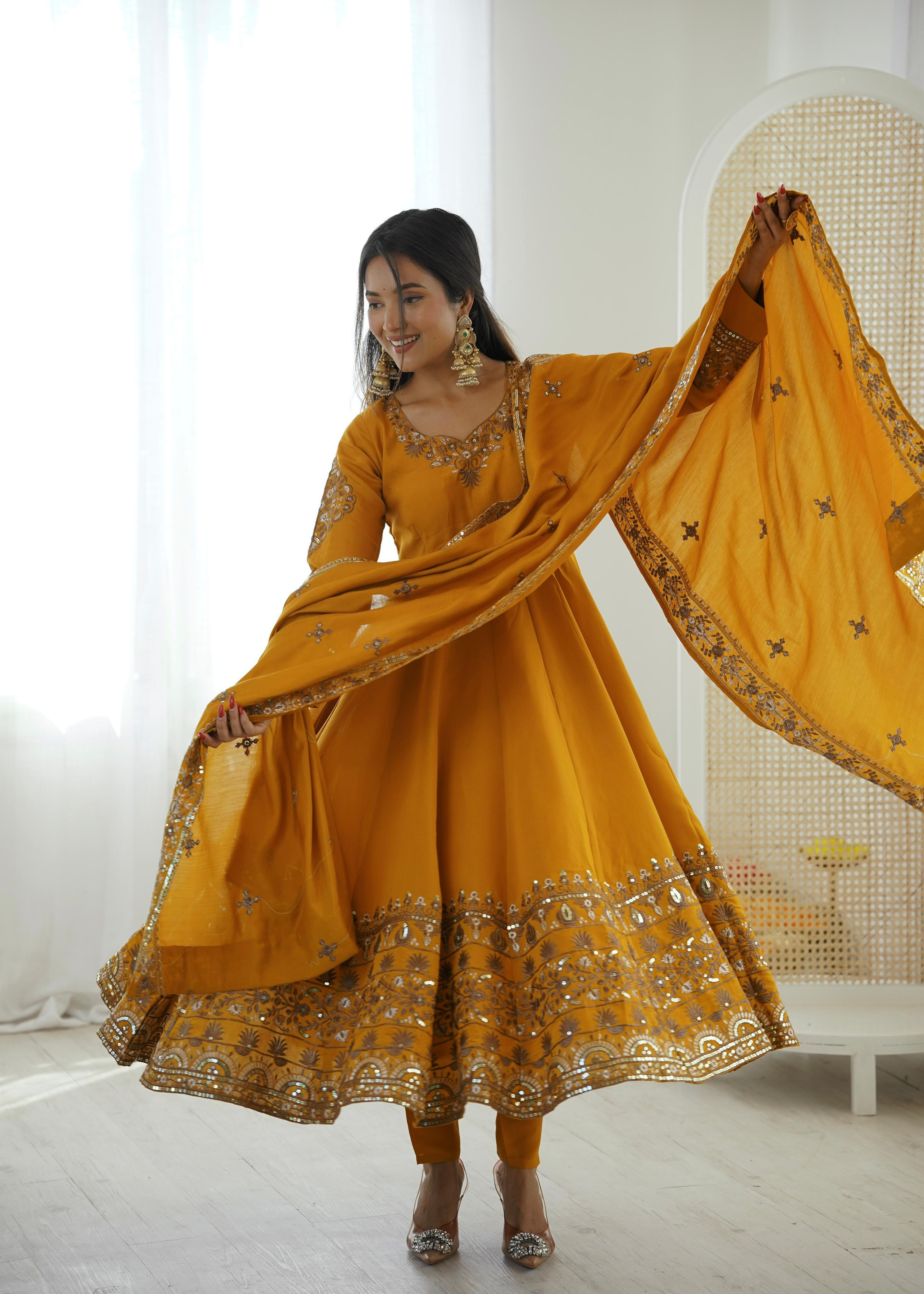 Farhaana Mustard Embroidered Anarkali