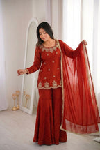 Aabroo Red Festive Gharara Suit