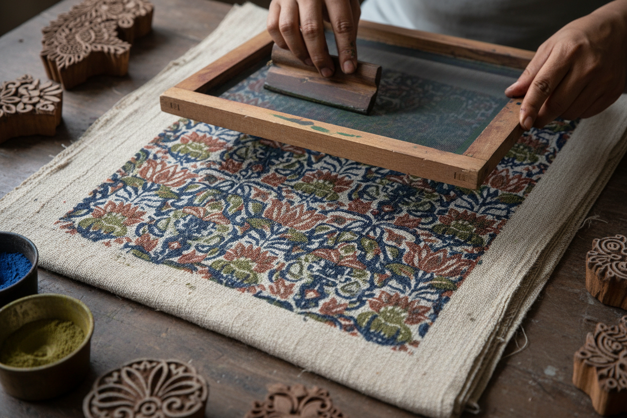screen prinnting traditionally on a freshly wovven cloth, traditional prints, zoomed in pic 